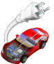 Graphic of a car with a comically outsized electrical plug sticking out of the side.