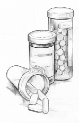 Drawing of two closed pill containers and one open pill container on its side with some pills spilling out.