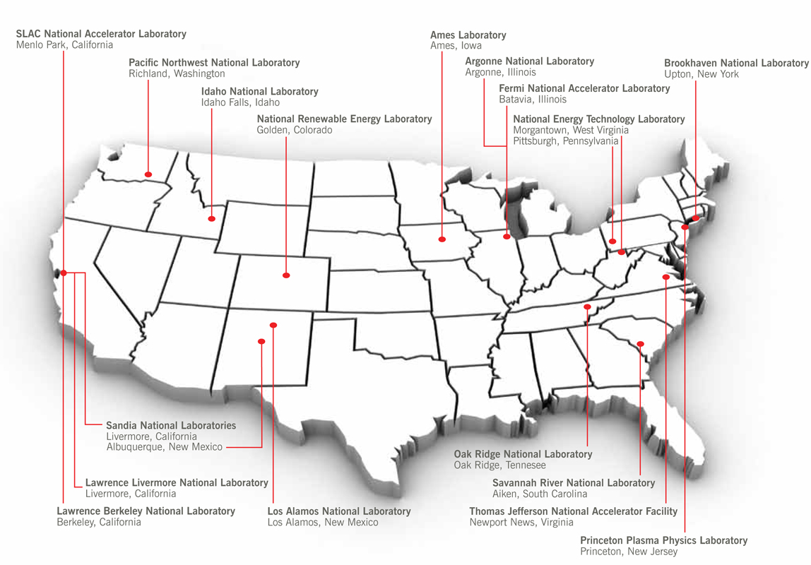 Map of the United States showing locations of the National Laboratories for the Department of Energy