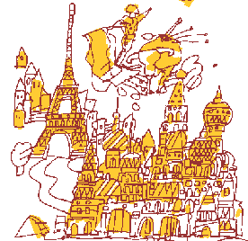 cartoon of world landmarks