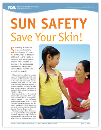 Cover page of PDF version of this article, including photo of mother applying sunscreen lotaion to young girl in short sleaves on sunny beach.