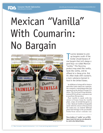 Cover page of PDF version of this article, including photo of two bottles of Mexian vanilla on a grocery store shelf which are on FDA’s import alert list and are not allowed to be sold in the United States.