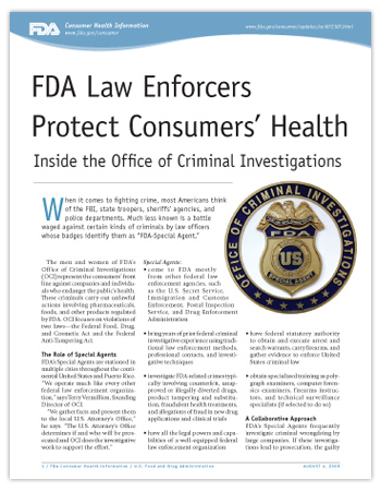 Cover page of PDF version of this article, including close up photo of the FDA Office of Criminal Investigation badge.