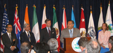 Secretary Abraham at the methane partnership rollout.  Joining him on stage are Hioaki Ishi, Minister of Japan; Dr. Kamal Kant Dwivedi, Counselor of India; Mike Leavitt, EPA Administrator, and Paula Dobriansky, Under Secretary of State for Global Affairs.