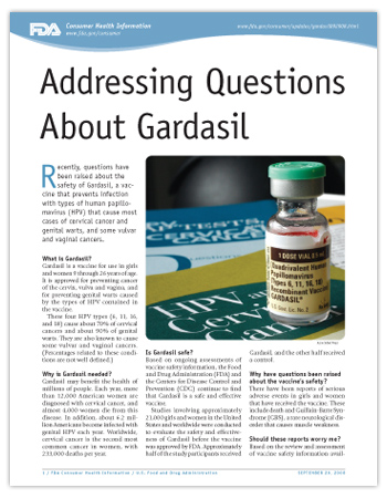 Image shows the first page of the printer-friendly PDF version of this article, including a photo of a vial of Gardasil.