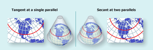 Conic Projection on a globe and map.  One shows tangent at a single parallel and the other secant at two parallels.