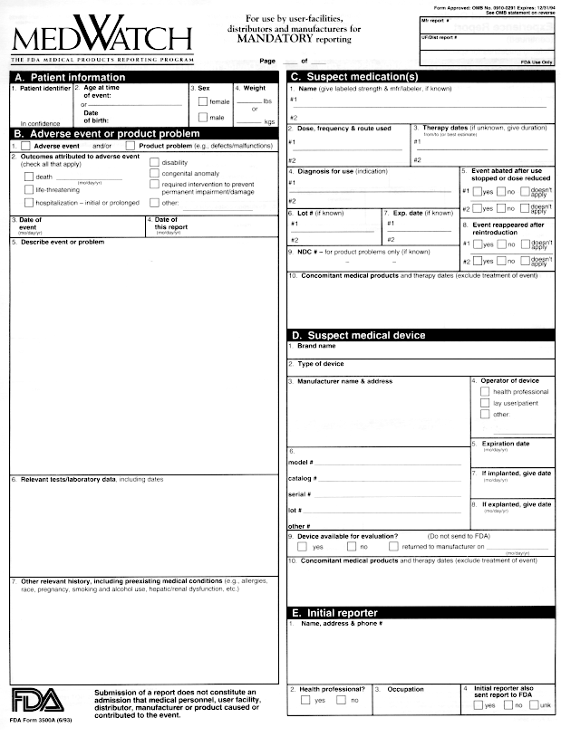 thumbnail: page 1 of MedWatch reporting form FDA 3500A