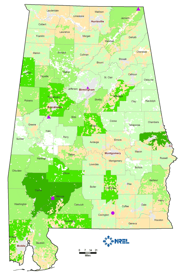 Map of the state of Alabama with colors indicating biomass production potential. Most of the state shows fairly even distribution of 1-500 thousand biomass tonnes/year/county from forest and primary mill residues with high concentrations in Clark, Monroe, and Lee counties. In addition, there are scattered areas around the state that may produce 1-100 thousand biomass tonnes/year/county from crops and crop residues.Follow the link to view the full size image.