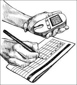 Image of a monitor which tells patient their blood glucose levels on a digital monitor.