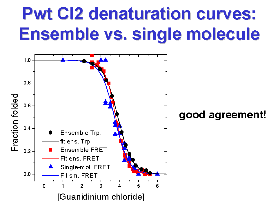 Denaturation curves of CI2 measured by ensemble intrinsic tryptophan fluorescence, ensemble FRET, and spFRET.