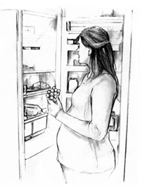 Ilustración de una mujer embarazada parada frente al refrigerador agarrando un montón de uvas y mirando dentro del refrigerador.