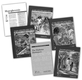 Ilustración mostrando varias carátulas de publicaciones sobre la diabetes. 