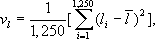 The variance v sub l is calculated using the following formula: v sub l is equal to the mean of the squares of the difference between l sub i and l bar over 1,250 cycles, where l bar is the mean of l sub i over 1,250 cycles.