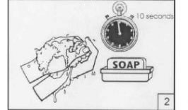 Step 2 showing hands washing with soap -- lathering  with a clock timed at 10 seconds