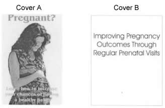 Cover A is a photo of a brochure cover with a pregnant woman, roughly 8 months along, looking down and lovingly holding her abdomen, with a title that reads: Pregnant? Learn how to increase your chances of having a healthy baby.