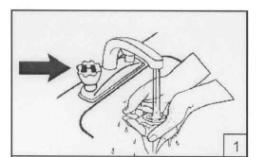 Step 1 showing hands under running warm water faucet