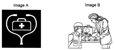 Two Illustrations - Image A: first aid kit; Image B: woman applying first aid to a construction worker