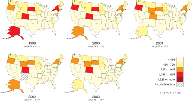 Figure 3 (continued) Primary alcohol admission rates by State: TEDS 1993-2003 (per 100,000 population aged 12 and over)