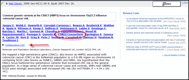 AbstractPlus display of a citation, showing CORGI Consortium as an author, and link to Collaborators below author list