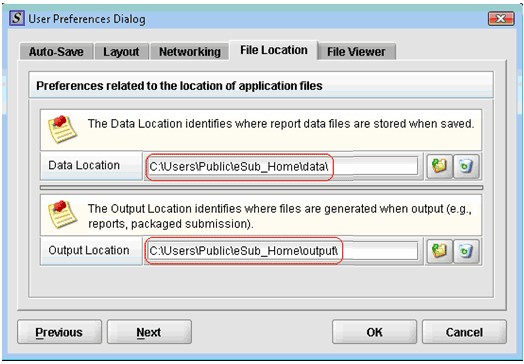 Picture of user preferences dialog box. Data Location is highlighted with a value of c:\users\public\eSub_Home\data. Output Location is also highlighted, with a value of c:\Users\Public\eSub_Home\output.