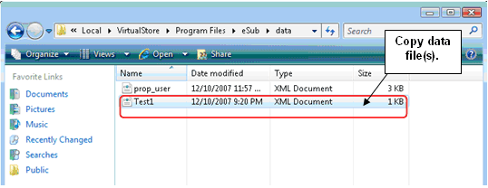 One row in the file list named Test1, an XML document, is highlighted with a label reading "copy data file(s)".