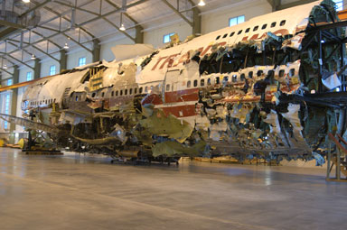 Reconstruction of TWA Flight 800 at the NTSB Training Center.