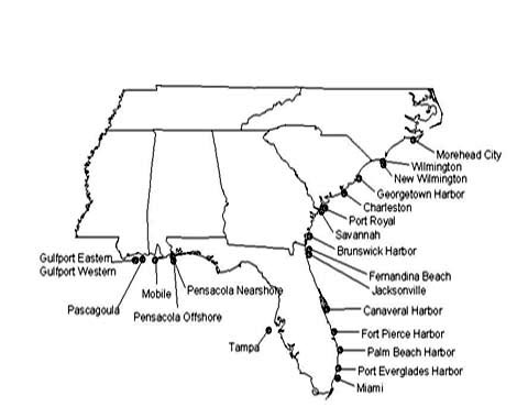 General locations of dredged materials disposal sites in the southeastern US.
