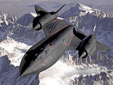 SR-71 flying over snow covered mountains