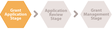 Diagram depicting the process of Grant Application, Application Review, and Grant Management Stages, with Grant Application Stage highlighted.