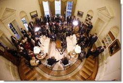 President George W. Bush welcomes Mexico's President Felipe Calderon to the Oval Office at the White House, seen in this remote camera view, Tuesday, Jan. 13, 2008, during their joint press availability. White House photo by Eric Draper