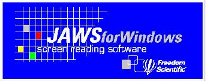 JAWS logo:The text, JAWS for Windows screen reading software, Freedom Scientific, against a blue background with a grey grid