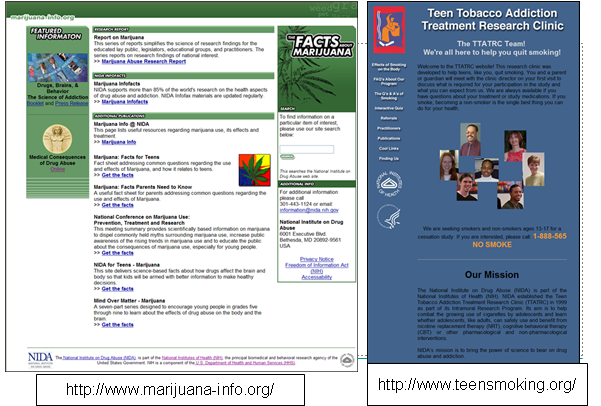 2 screenshots of NIH sites that do not have approved domain waivers on file: http://www.marijuana-info.org and http://www.teensmoking.org.
