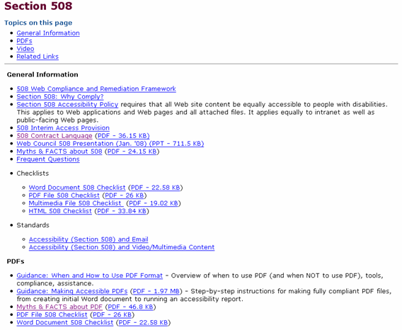 Screenshot of the main content of the Section 508 Web page located on http://www.hhs.gov/web/508/index.html.