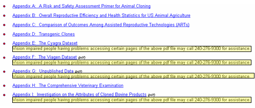 Screenshot of the list of Appendices found on the FDA Web site, at http://www.fda.gov/cvm/CloneRiskAssessment_Final.htm. Highlighted words provide example of text to use with non-compliant files to provide a contact for individuals with disabilities having difficulty with the file.