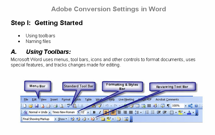 Microsoft Word uses menus, tool bars (shown), icons and other controls to format documents, uses special features, and tracks changes made for editing.