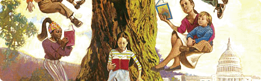 Children reading books under the branches of a tree