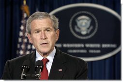 President George W. Bush delivers a statement on the passing of former President Gerald R. Ford from Crawford, Texas, Wednesday, Dec. 27, 2006. "As a congressman from Michigan, and then as Vice President, he commanded the respect and earned the good will of all who had the privilege of knowing him," said President Bush. "On August 9, 1974, he stepped into the presidency without ever having sought the office. He assumed power in a period of great division and turmoil. For a nation that needed healing and for an office that needed a calm and steady hand, Gerald Ford came along when we needed him most."  White House photo by Paul Morse