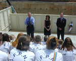 July 16, 2003 -- U.S. Representatives Mike Doyle and Richard Neal address visiting students from the Children's Friendship Project for Northern Ireland, a non-profit organization that pairs up Protestant and Roman Catholic teenagers to spend a summer in the United States with host families in a long-term initiative to help promote an end to the sectarian violence in Northern Ireland