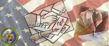banner graphic of US flag background with a drawing of 2 hands shaking and a picture of a woman's hand signing a check