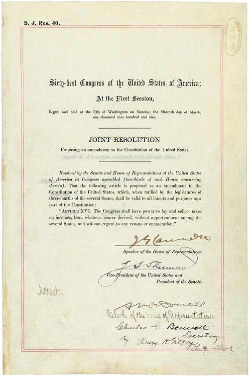 16th Amendment to the U.S. Constitution: Federal Income Tax (1913)