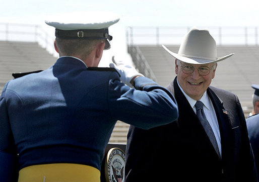 Vice President Dick Cheney is saluted before shaking hands with one the 906 newly-commissioned officers of the U.S. Air Force during a graduation ceremony at the Air Force Academy in Colorado on Wednesday, June 1, 2005. White House photo by David Bohrer