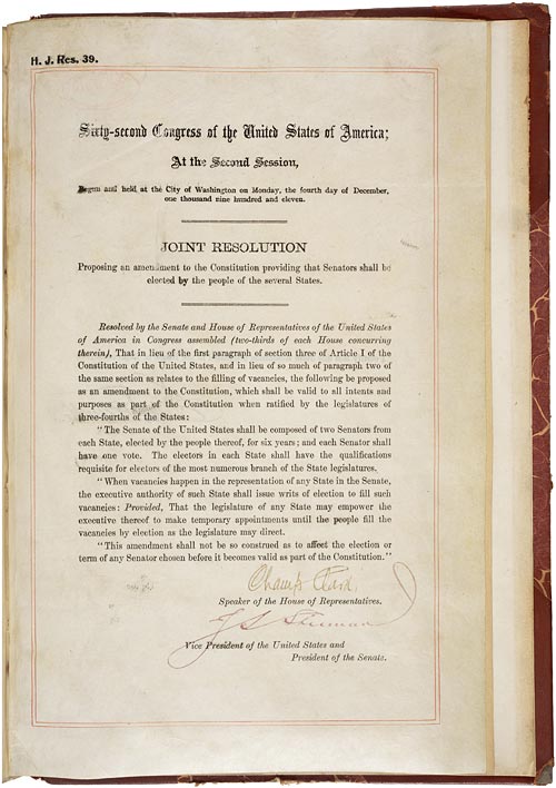 17th Amendment to the U.S. Constitution: Direct Election of U.S. Senators (1913)