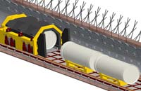 This cutaway of an emplacement tunnel shows the TEV placing a waste package in its designated spot. The rock bolts and tunnel liner help support the tunnel ceiling (click the image to enlarge).