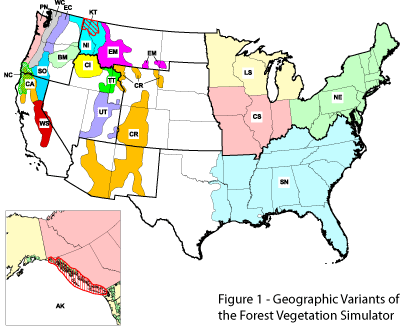 Map of the United States with an inset map of the west coast of Canada and southern Alaska showing the FVS Variant locations.