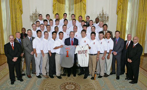 President George W. Bush stands with members of Oregon State University Baseball Team Championship Team Friday, Sept. 21, 2007, at the White House during a photo opportunity with the 2006 and 2007 NCAA Sports Champions. White House photo by Eric Draper