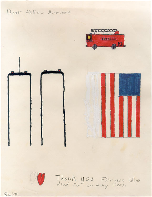 Child's illustration of a fire truck, the World Trade Center Twin Towers, and the American flag in remembrance of the one-year anniversary of September 11.