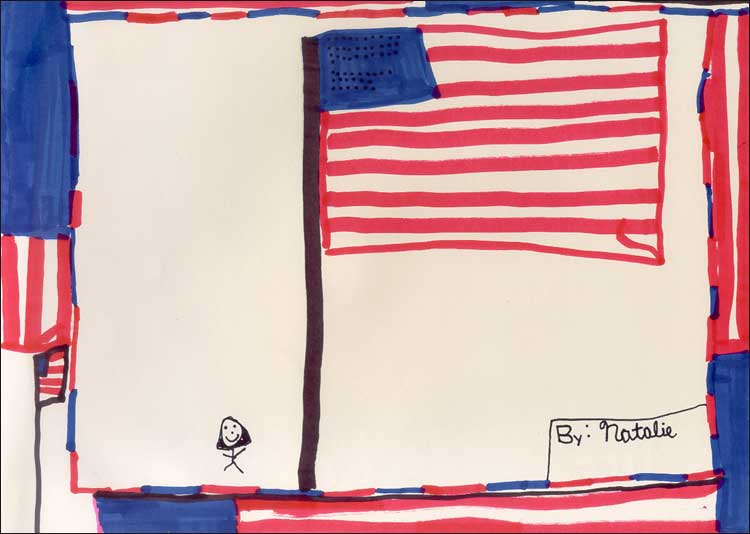 Child's drawing of the American flag and a stick figure of a little girl in remembrance of the one-year anniversary of September 11.