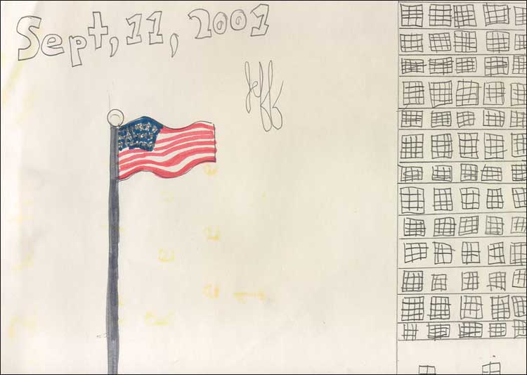Child's drawing of the World Trade Center and the American flag in remembrance of the one-year anniversary of September 11.