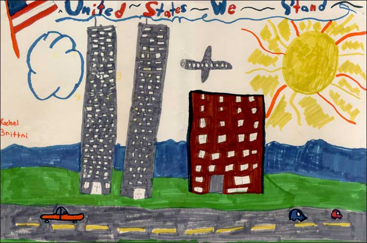 Child's drawing of World Trade Center in remembrance of the one-year anniversary of September 11.