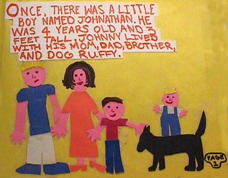 Story Illustrations: A family of four and a dog.